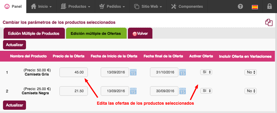 edición múltiple de ofertas