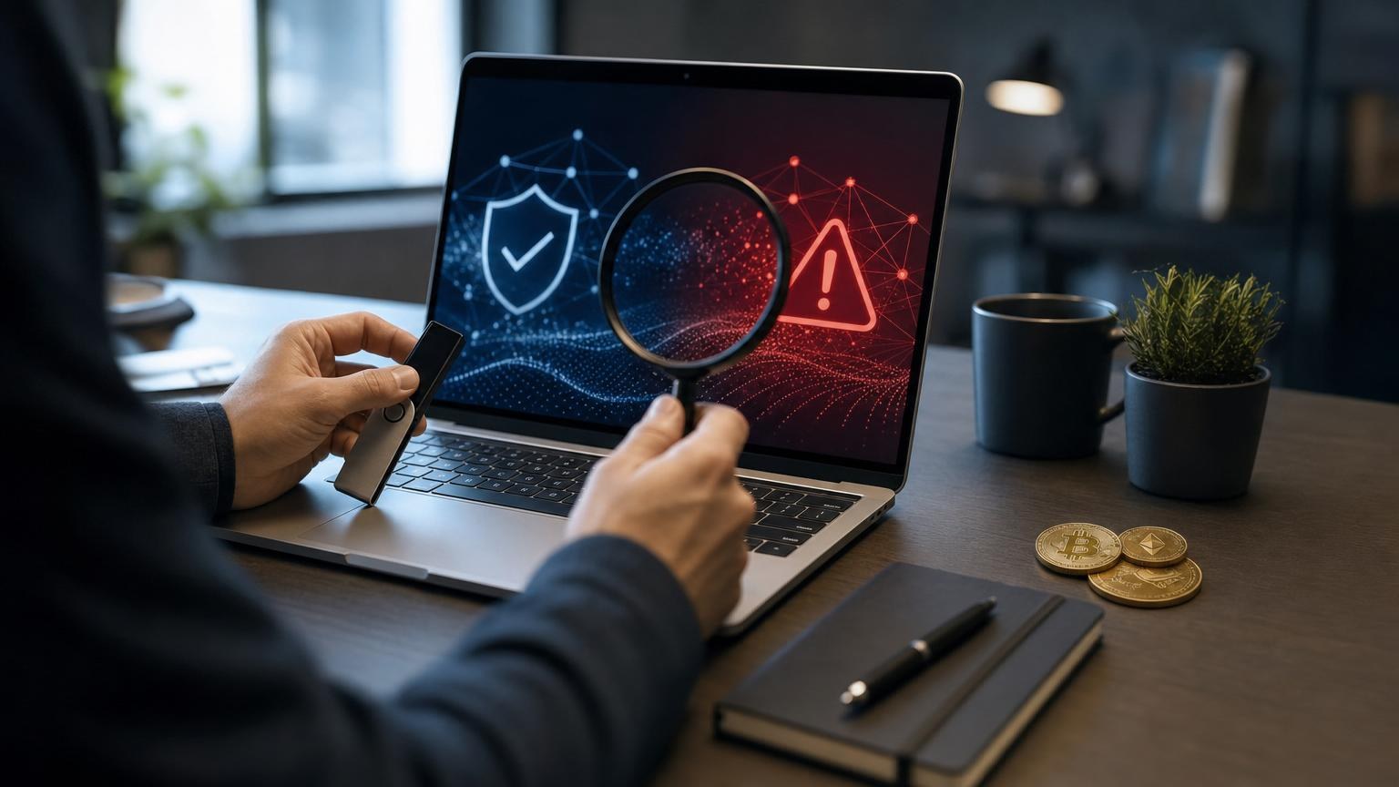 A user verifies a crypto exchange domain, wallet address, network, and transaction details before approving a transfer