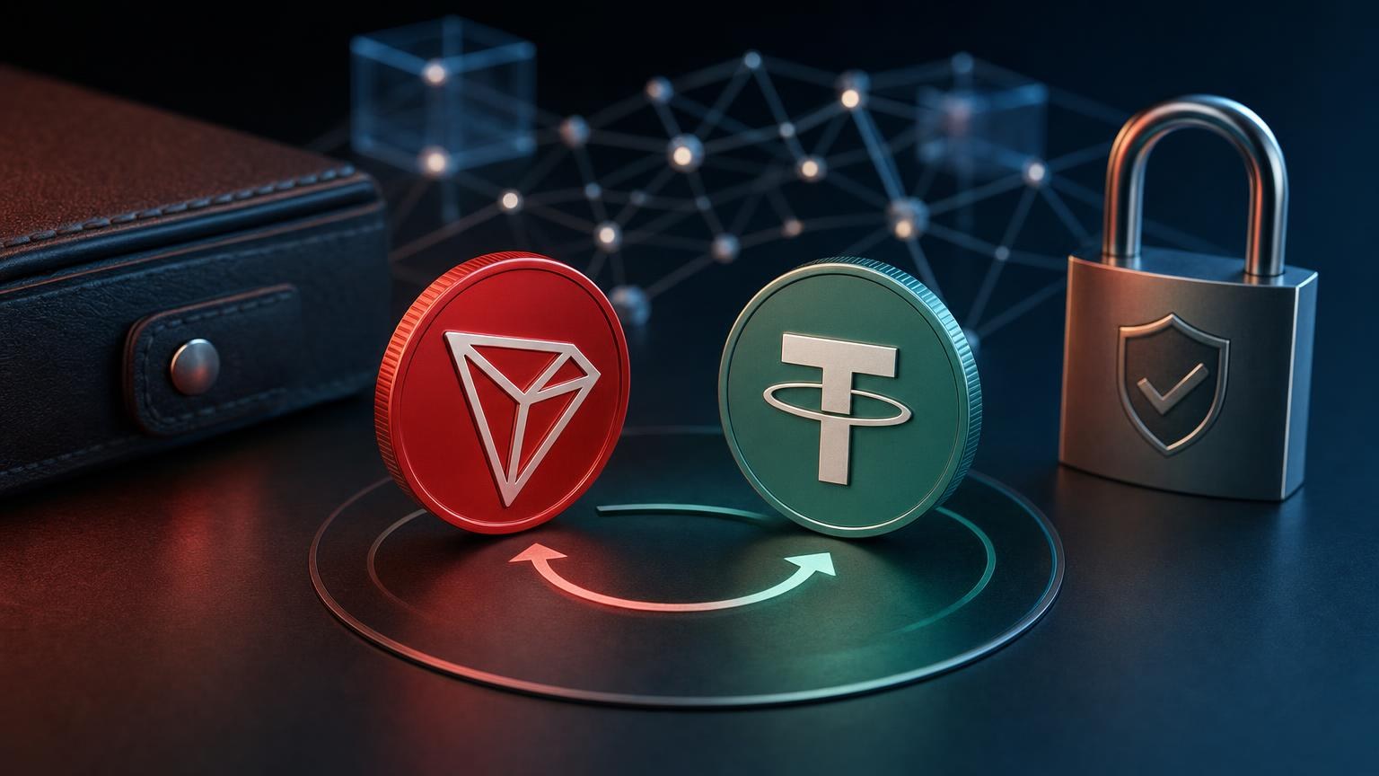 A secure TRX-to-USDT exchange route showing TRON network selection, address checks, transaction confirmation, and recovery steps